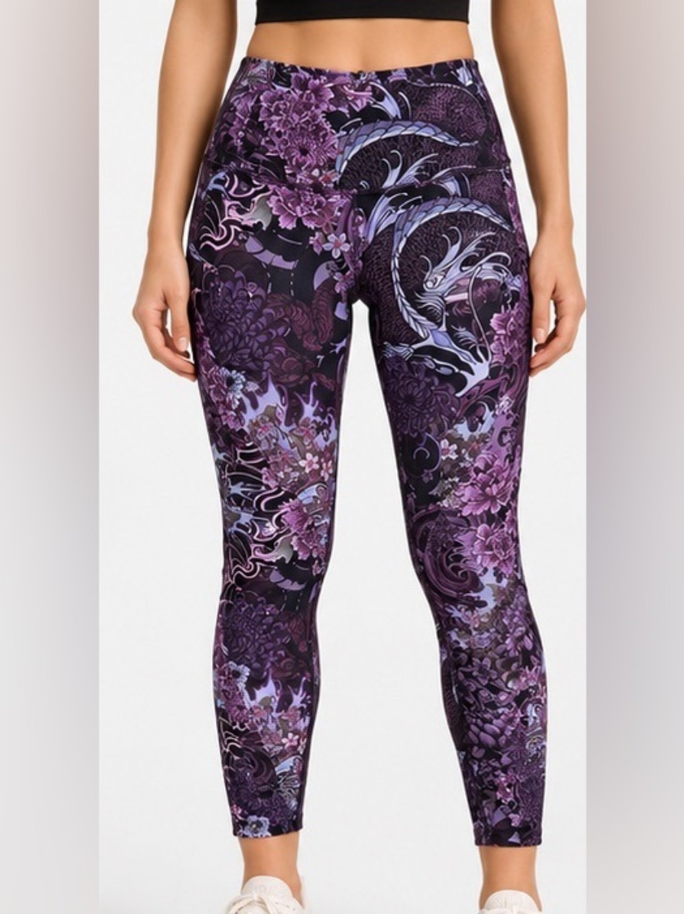 Lululemon Speed Up Crop 21 Dragon Floral Purple Black Leggings Size 6 Zipper EUC